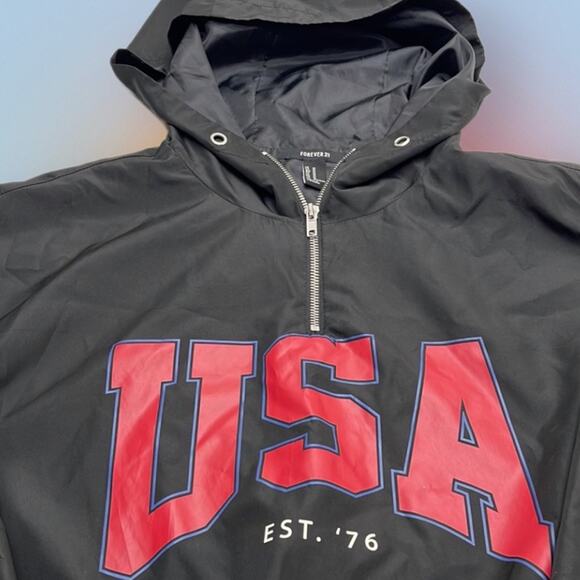 FOREVER 21 / Women’s Medium Black USA Windbreaker Jacket - Picture 2 of 2
